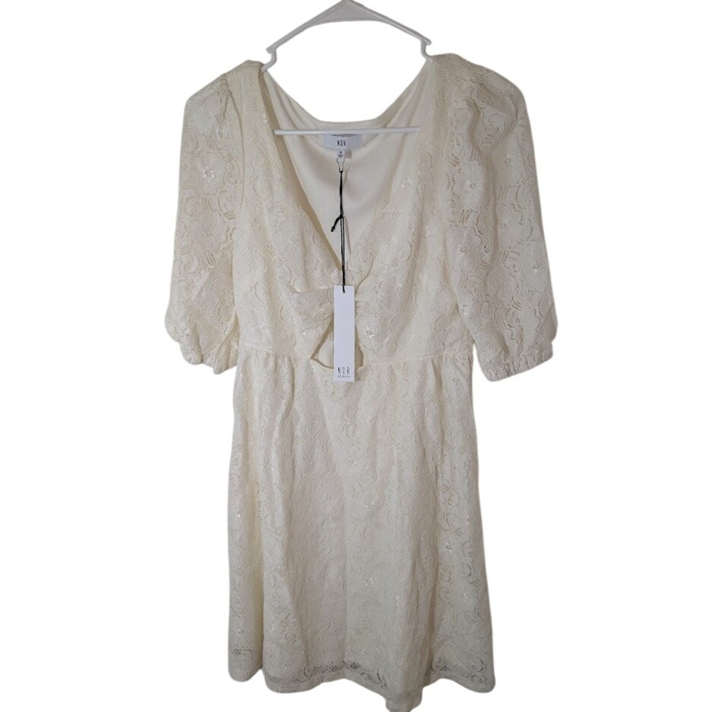 NSR Lace Mini Dress V-Neck Puff Sleeve Cocktail Party Dress Size M